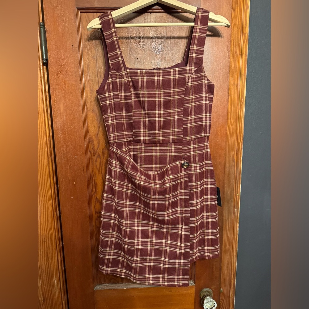 Wine Red Plaid Faux Wrap Pinafore Mini Dress from Lulus